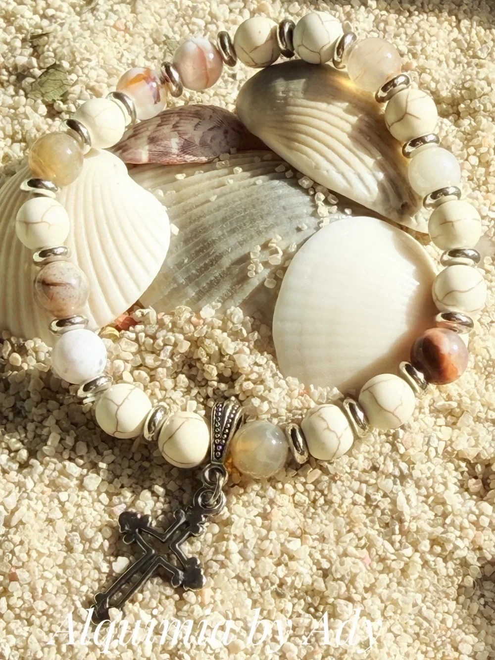 Summer keepsake | White Howlite & Smoky Agate Bracelet with Ornate Cross